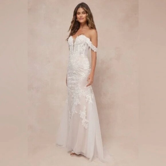 Lulus Endless Dedication White Embroidered Off-the-Shoulder Maxi Dress NWOT Sz 8 - Picture 4 of 4
